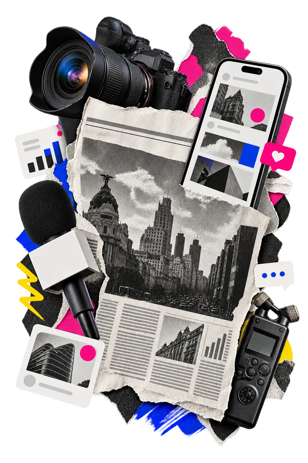 Collage editorial con una portada rasgada, una cámara, un móvil, un micrófono y recursos digitales